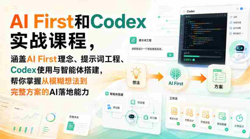 AI First和Codex实战课,涵盖AI First理念、提示词工程、Codex使用与智能体搭建,掌握从模糊想法到完整方案的AI落地能力