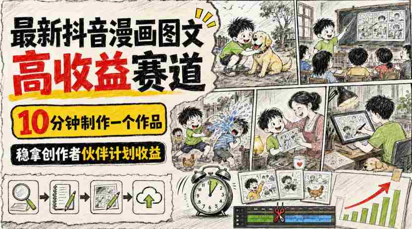 最新抖音漫画图文高收益赛道，10分钟制作一个作品，稳拿创作者伙伴计划收益-副业部