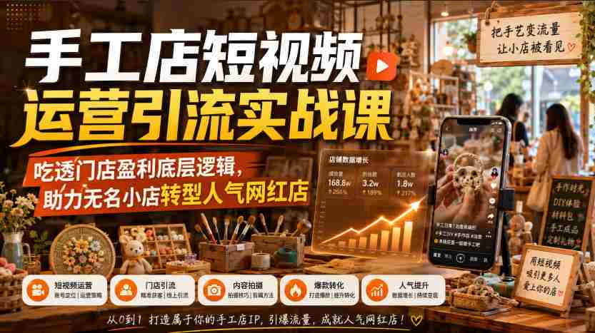 手工店短视频运营引流实战课，吃透门店盈利底层逻辑，助力无名小店转型人气网红店-副业部