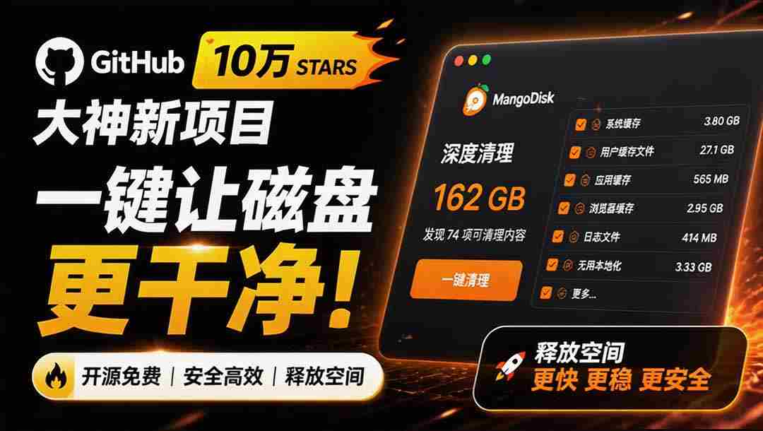 （19894期）在Gtihub上做出10万 stars 的大神，又发布新项目了！一键让磁盘更干净，开源免费清理工具 MangoDisk-副业部