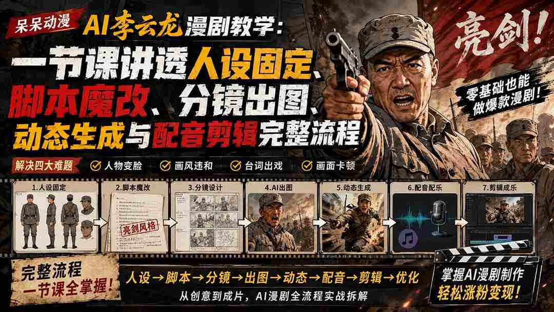 （20107期）呆呆动漫AI李云龙漫剧教学：一节课讲透人设固定、脚本魔改、分镜出图、动态生成与配音剪辑完整流程-副业部