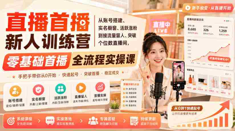 直播首播新人训练营｜从账号搭建、实名橱窗、活跃涨粉到接流量留人、突破个位数直播间，零基础首播全流程实操课-副业部