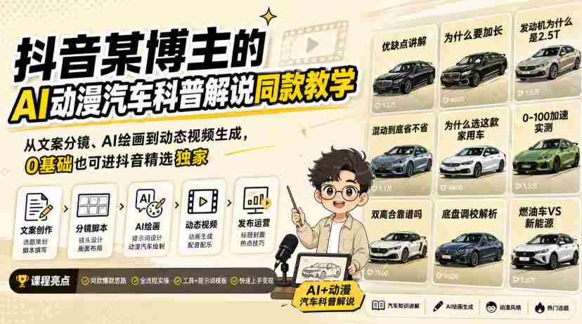 抖音某博主的AI动漫汽车科普解说同款教学，从文案分镜、AI绘画到动态视频生成，0基础解锁抖音精选独家收益-副业部