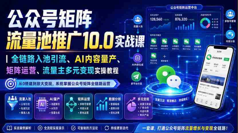 公众号矩阵流量池推广10.0实战课｜全链路入池引流、AI内容量产、矩阵运营、流量主多元变现实操教程-副业部