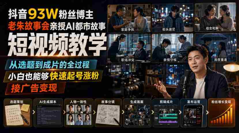 抖音93W粉丝博主老朱故事会亲授AI都市故事短视频教学，从选题到成片的全过程，小白也能够快速起号涨粉接广告变现-副业部