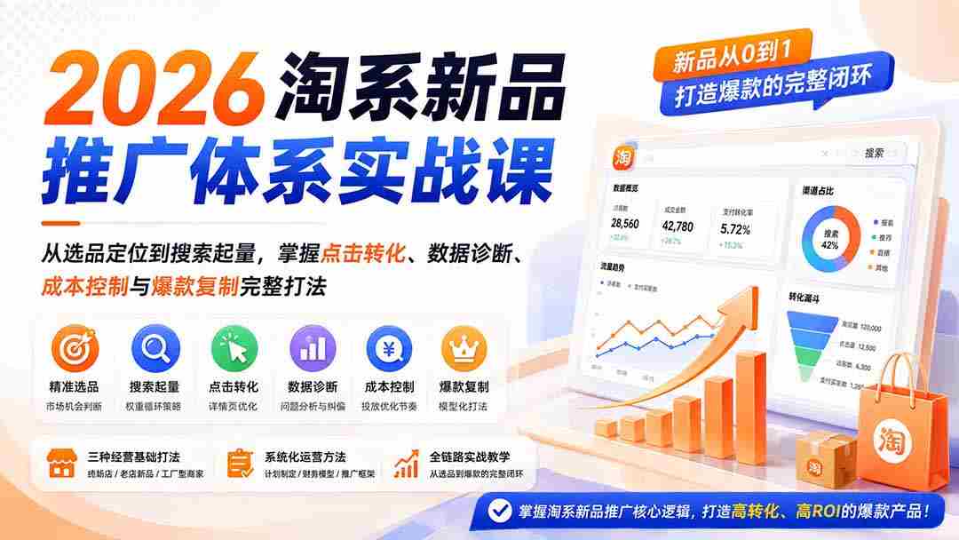 （19908期）2026淘系新品推广体系实战课：从选品定位到搜索起量，掌握点击转化、数据诊断、成本控制与爆款复制完整打法-副业部