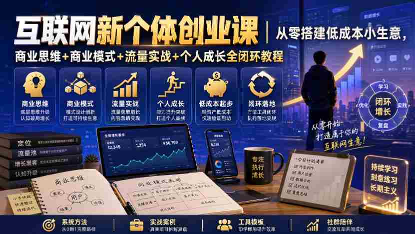 互联网新个体创业课|从零搭建低成本小生意,商业思维+商业模式+流量实战+个人成长全闭环教程