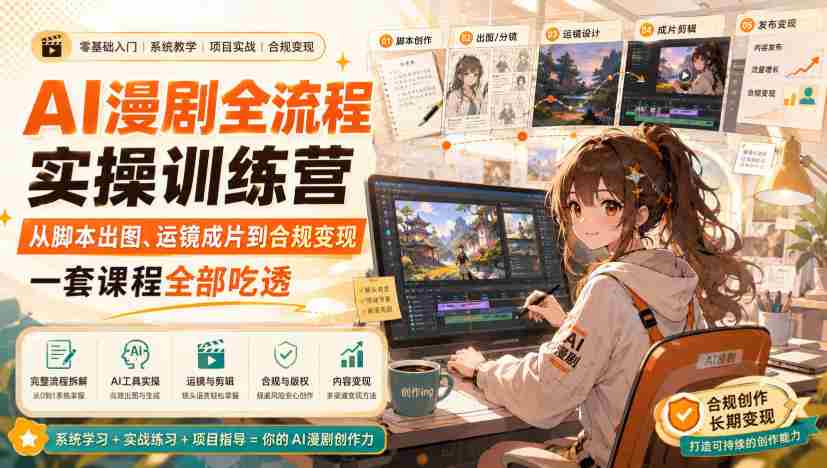 AI漫剧全流程实操训练营，从脚本出图、运镜成片到合规变现，一套课程全部吃透-副业部