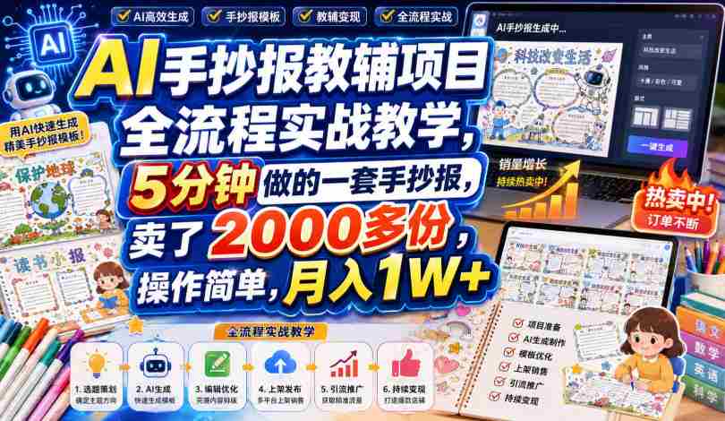 AI手抄报教辅项目全流程实战教学，5分钟做的一套手抄报，卖了2000多份，操作简单，月入1W+-副业部