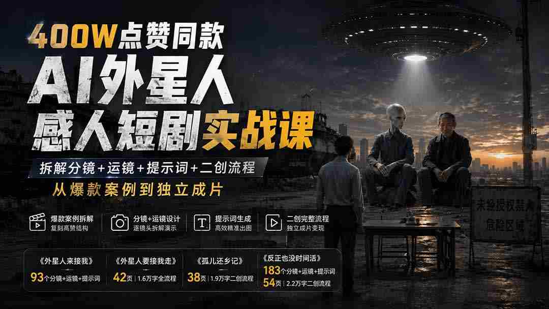 （20052期）400W点赞同款AI外星人感人短剧实战课：拆解分镜+运镜+提示词+二创流程，从爆款案例到独立成片-副业部