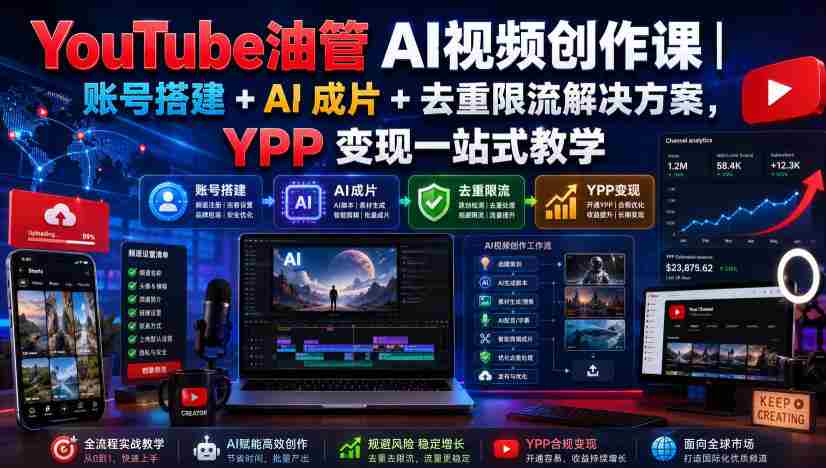 YouTube油管AI视频创作课｜账号搭建+AI成片+去重限流解决方案，YPP变现一站式教学-副业部