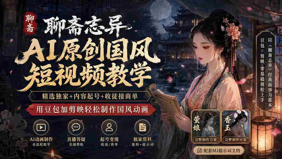 （19754期）聊斋志异AI原创国风短视频教学-更新；精选独家+内容起号+收徒接商单，用豆包加剪映轻松制作国风动画-副业部