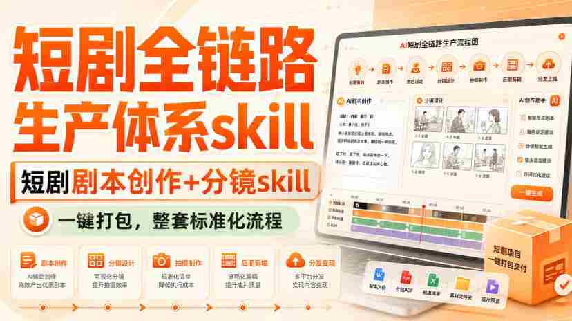 短剧全链路生产体系skill，短剧剧本创作+分镜skill，一键打包，整套标准化流程-副业部