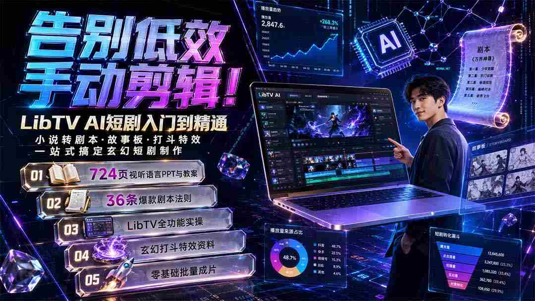 （19678期）告别低效手动剪辑！LibTV AI短剧入门到精通，小说转剧本方法，故事板打斗特效一站式搞定玄幻短剧制作-副业部