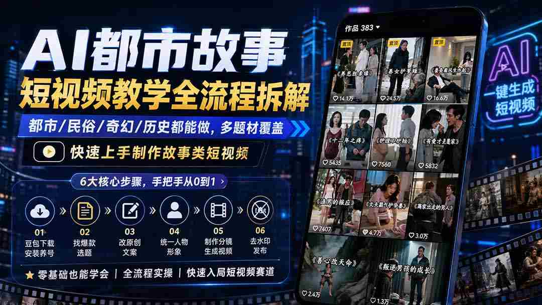 （19858期）AI都市故事短视频教学全流程拆解；都市/民俗/奇幻/历史都能做多题材覆盖，快速上手制作故事类短视频-副业部