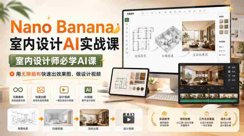Nano Banana室内设计AI实战课，室内设计师必学AI课，用无限画布快速出效果图、做设计视频-副业部