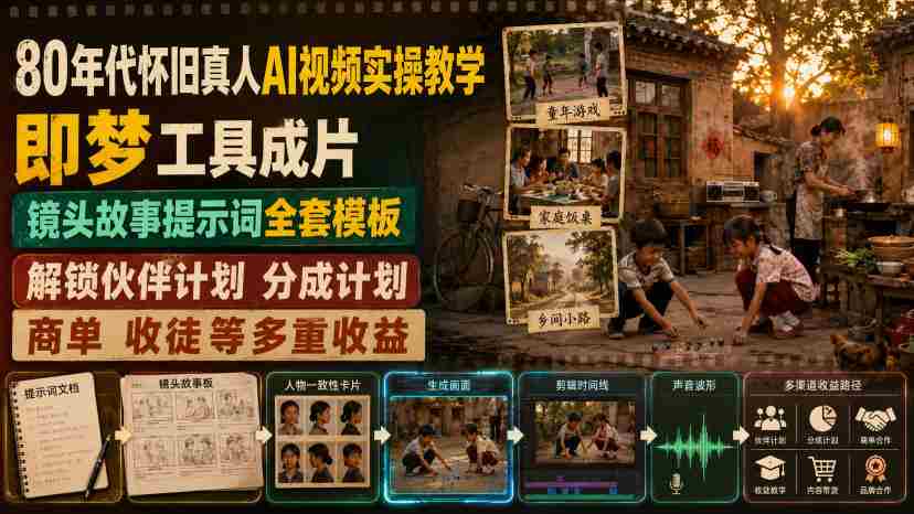 80年代怀旧真人AI视频实操教学，即梦工具成片、镜头故事提示词全套模板，解锁伙伴计划分成计划商单收徒等多重收益-副业部