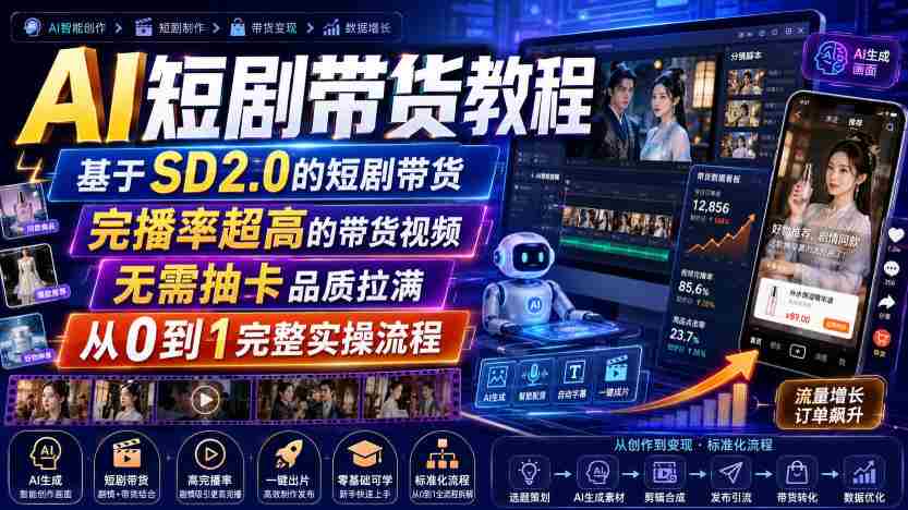 AI短剧带货教程，基于SD2.0的短剧带货，完播率超高的带货视频，无需抽卡品质拉满，从0到1完整实操流程-副业部