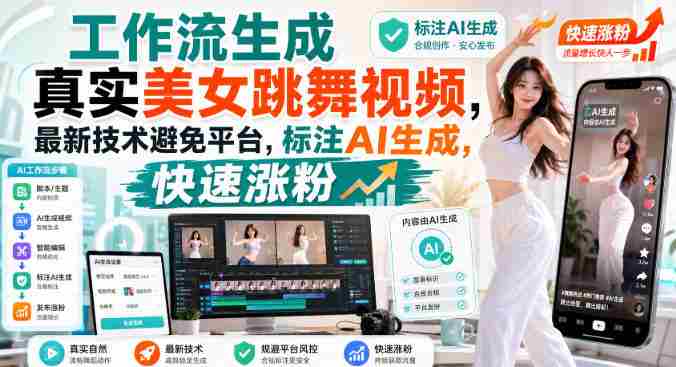 工作流生成真实美女跳舞视频,最新技术避免平台,标注AI生成,快速涨粉