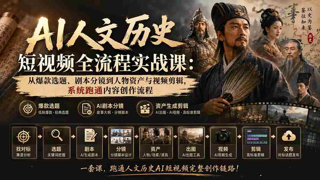 （20074期）AI人文历史短视频全流程实战课：从爆款选题、剧本分镜到人物资产与视频剪辑，系统跑通内容创作流程-副业部