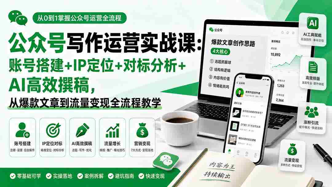 （19914期）公众号写作运营实战课：账号搭建+IP定位+对标分析+AI高效撰稿，从爆款文章到流量变现全流程教学-副业部