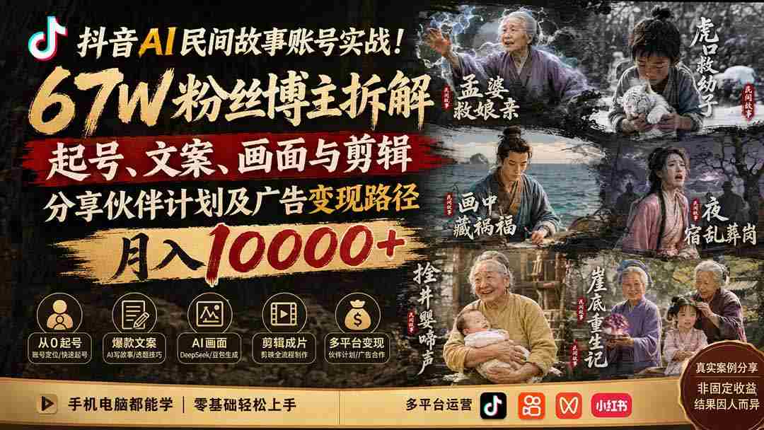 （19738期）抖音AI民间故事账号实战！67W粉丝博主拆解起号、文案、画面与剪辑，分享伙伴计划及广告变现路径，月入10000+-副业部