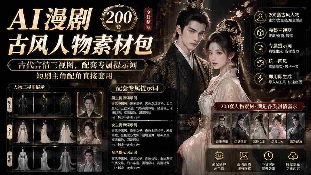 （19693期）AI漫剧古风人物素材包+提示词｜200 套古代言情三视图，配套专属提示词短剧主角配角直接套用-副业部