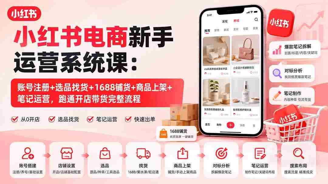 （20219期）小红书电商新手运营系统课：账号注册+选品找货+1688铺货+商品上架+笔记运营，跑通开店带货完整流程-副业部