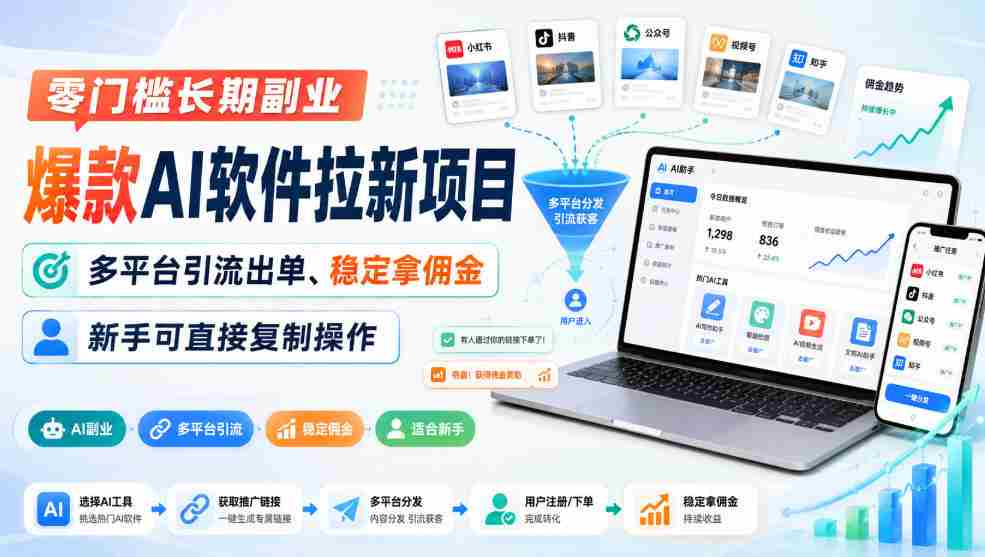 零门槛长期副业，爆款AI软件拉新项目，多平台引流出单、稳定拿佣金，新手可直接复制操作-副业部