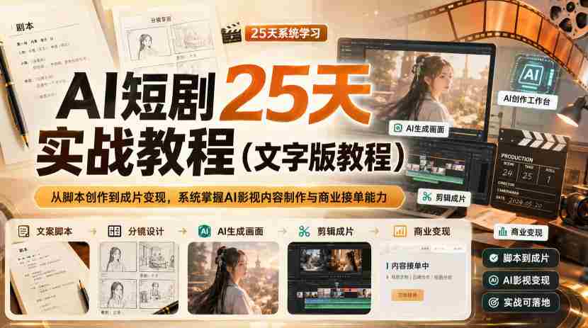 AI短剧25天实战教程（文字版教程），从脚本创作到成片变现，系统掌握AI影视内容制作与商业接单能力-副业部