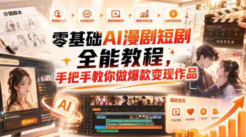 零基础AI漫剧短剧全能教程,从AI智能体搭建、文案脚本分镜、多平台AI生视频、剪映精修,覆盖全题材创作,手把手教你做爆款变现作品
