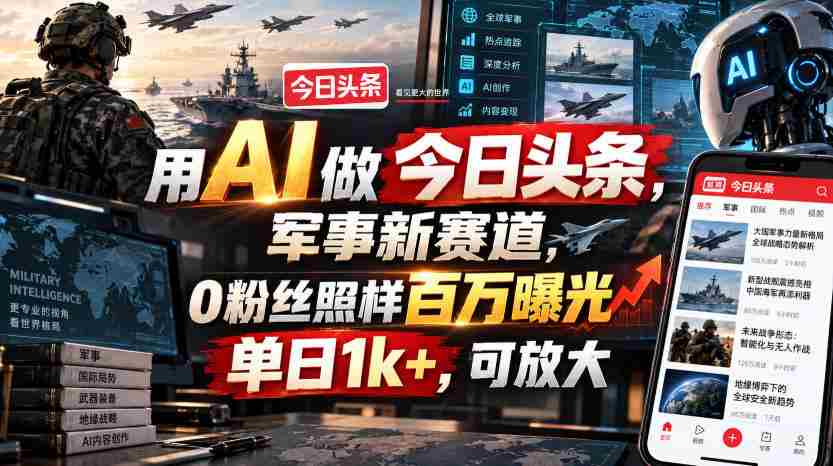 用AI做今日头条，军事新赛道，0粉丝照样百万曝光，单日1k+，可放大-副业部