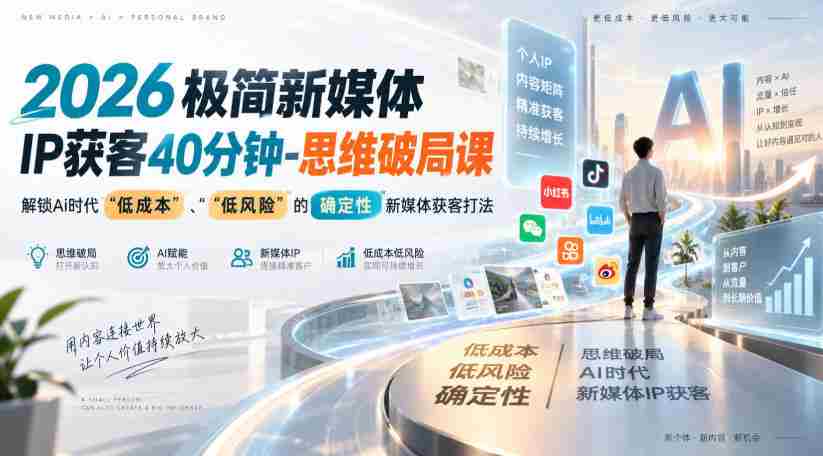 2026极简新媒体IP获客40分钟-思维破局课，解锁Ai时代“低成本”、“低风险”的确定性新媒体获客打法-副业部