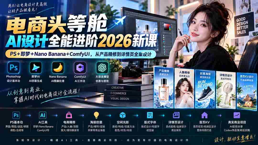 （20284期）电商头等舱AI设计全能进阶2026新课：PS+即梦+Nano Banana+ComfyUI，从产品精修到详情页全案设计-副业部