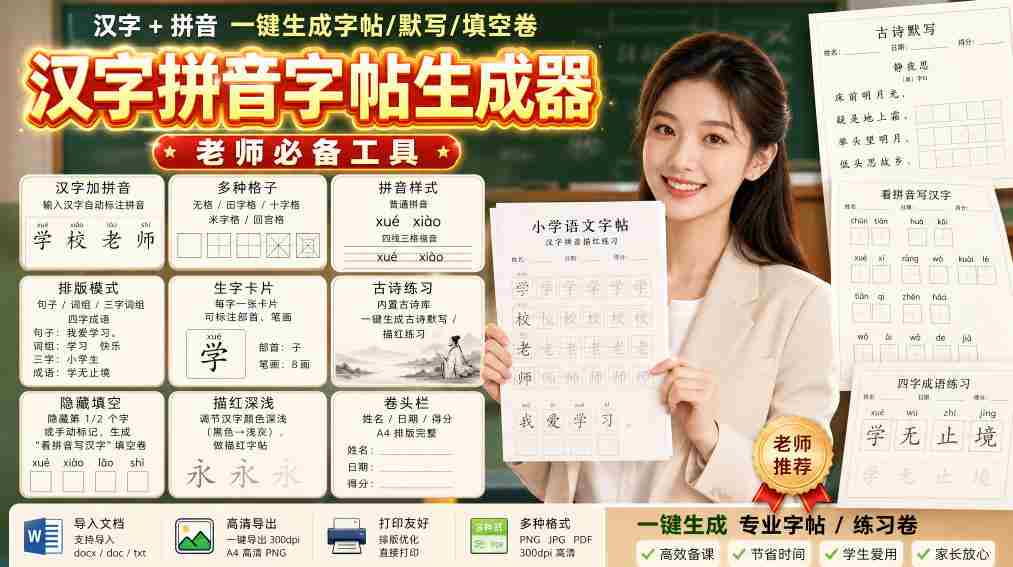 学习神器，汉字拼音字帖生成器，汉字+拼音 一键生成字帖/默写/填空卷，支持词组、成语，老师、家长必备-副业部