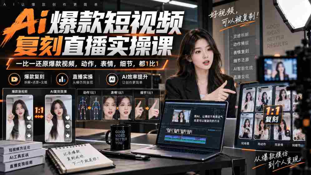 天诺老吴Ai爆款短视频复刻直播实操课，一比一还原爆款视频，动作，表情，细节，都1比1-副业部