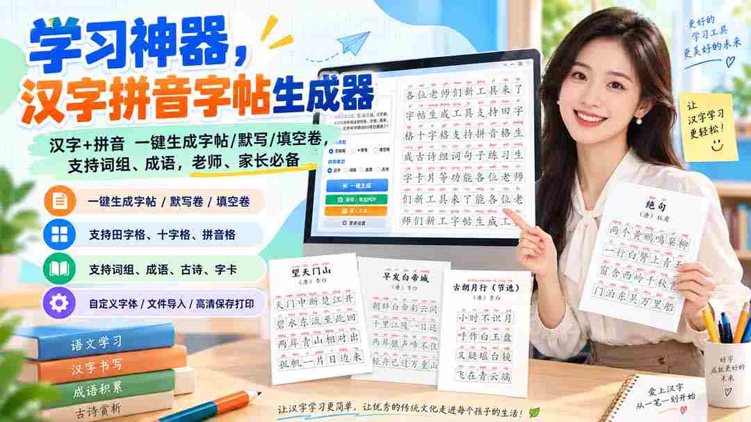 （20299期）学习神器，汉字拼音字帖生成器，汉字+拼音 一键生成字帖/默写/填空卷，支持词组、成语，老师、家长必备-副业部