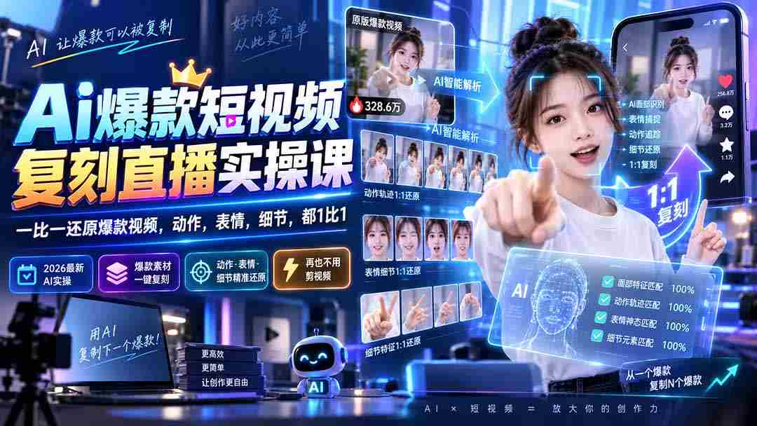 （20304期）最新Ai爆款短视频复刻直播实操课，一比一还原爆款视频，动作，表情，细节，都1比1-副业部