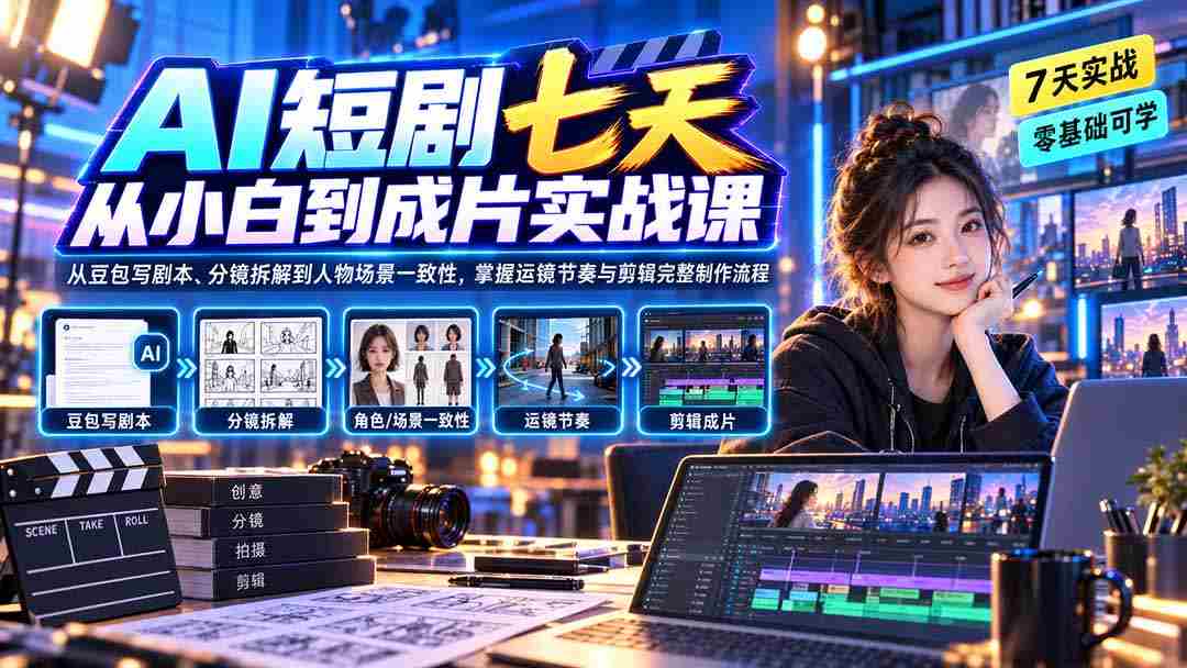 （20329期）AI短剧七天从小白到成片实战课：从豆包写剧本、分镜拆解到人物场景一致性，掌握运镜节奏与剪辑完整制作流程-副业部