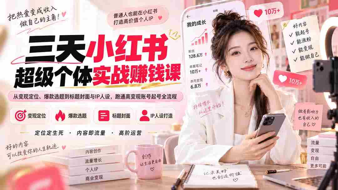（20331期）三天小红书超级个体实战赚钱课：从变现定位、爆款选题到标题封面与IP人设，跑通高变现账号起号全流程-副业部