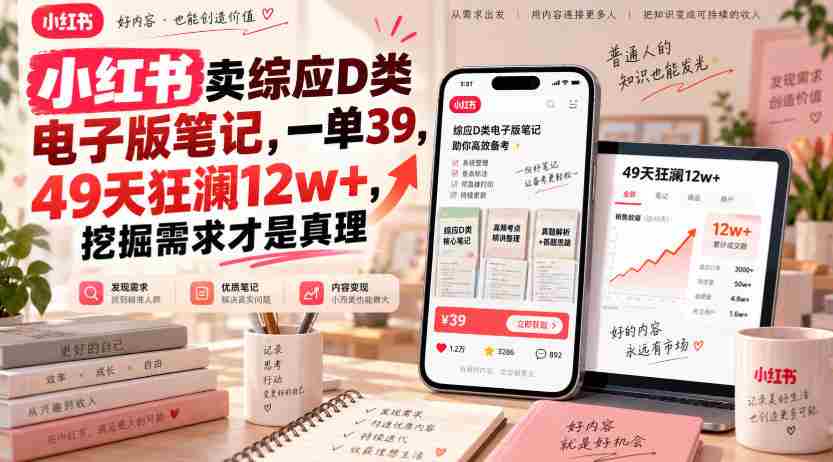 小红书卖综应D类电子版笔记，一单39，49天狂澜12w+，挖掘需求才是真理-副业部