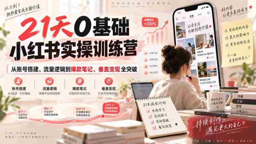 21天0基础小红书实操训练营｜从账号搭建、流量逻辑到爆款笔记、垂直变现全突破-副业部