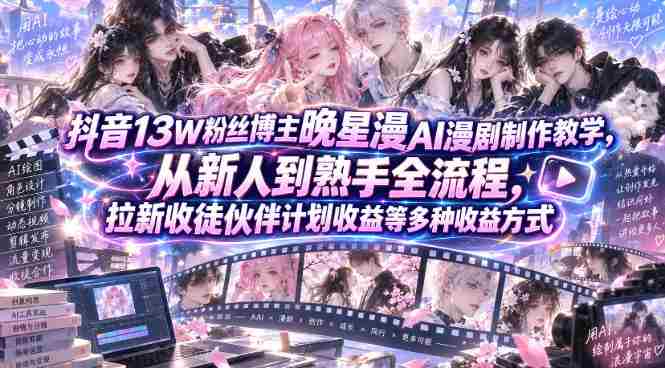抖音13W粉丝博主晚星漫AI漫剧制作教学，从新人到熟手全流程，拉新收徒伙伴计划收益等多种收益方式，单日1K+-副业部