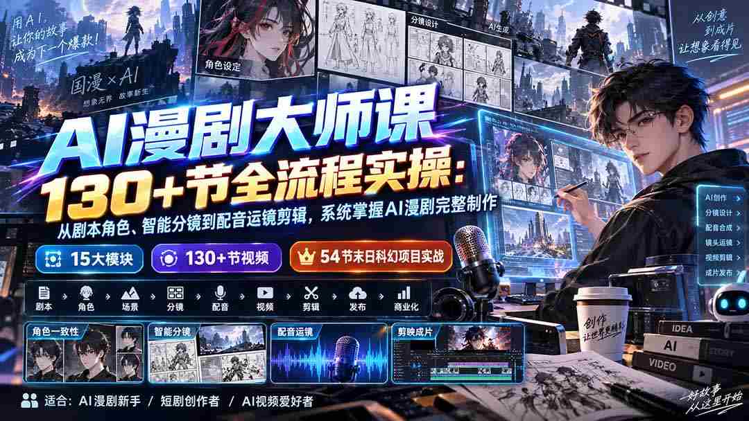 （20326期）AI漫剧大师课130+节全流程实操：从剧本角色、智能分镜到配音运镜剪辑，系统掌握AI漫剧完整制作-副业部