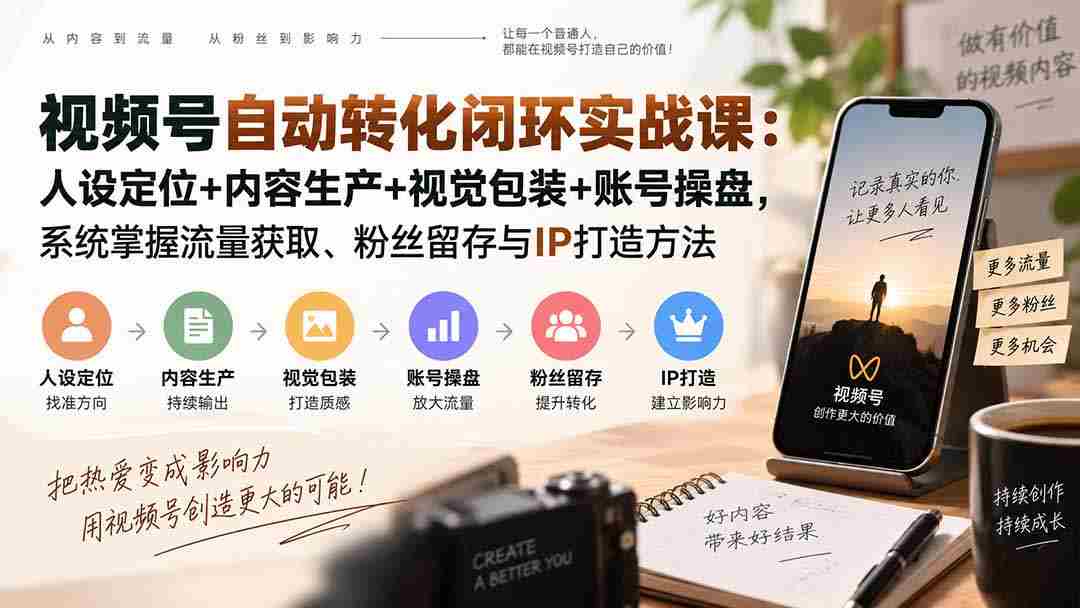 （20327期）视频号自动转化闭环实战课：人设定位+内容生产+视觉包装+账号操盘，系统掌握流量获取、粉丝留存与IP打造方法-副业部