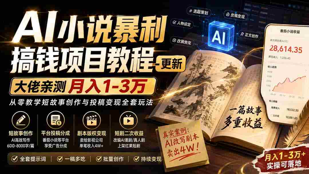 （20357期）AI小说短故事暴利搞钱项目教程-更新，大佬亲测月入1-3万，从零教学短故事创作与投稿变现全套玩法-副业部