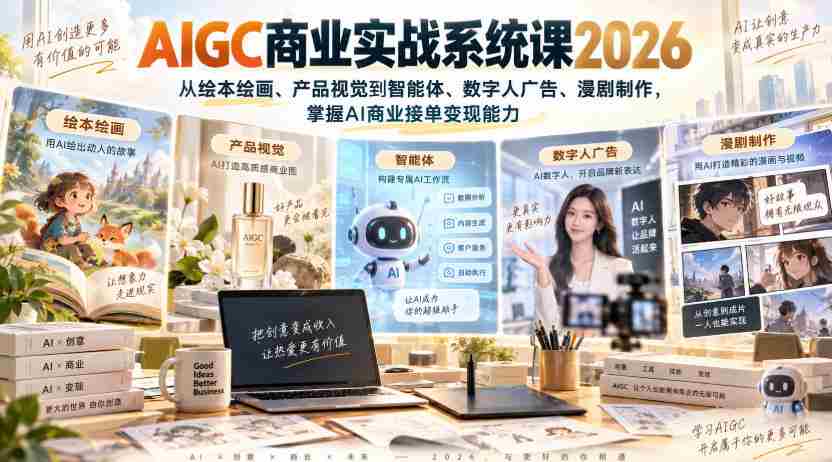 AIGC商业实战系统课2026，从绘本绘画、产品视觉到智能体、数字人广告、漫剧制作，掌握AI商业接单变现能力-副业部