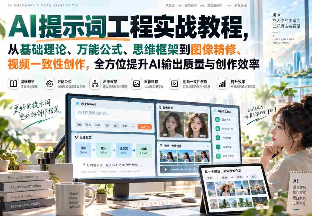 AI提示词工程实战教程，从基础理论、万能公式、思维框架到图像精修、视频一致性创作，全方位提升AI输出质量与创作效率-副业部