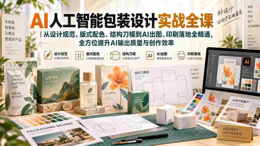 AI人工智能包装设计实战全课｜从设计规范、版式配色、结构刀模到AI出图、印刷落地全精通-副业部