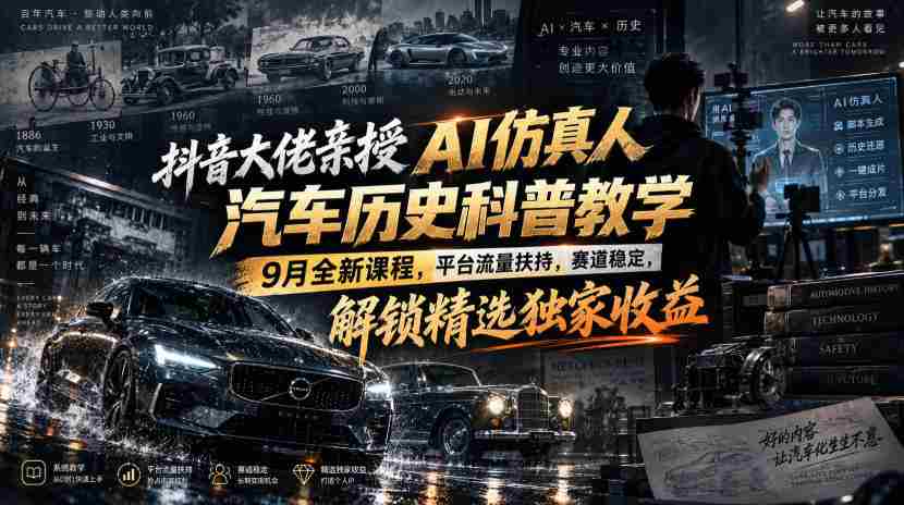 抖音大佬亲授AI仿真人汽车历史科普教学，9月全新课程，平台流量扶持，赛道稳定，解锁精选独家收益-副业部